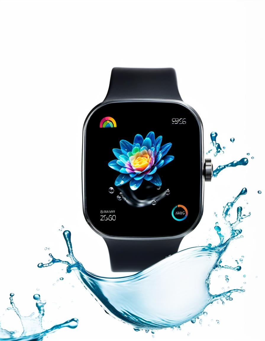  smart watch on stone, around water splash, light background, film photography style