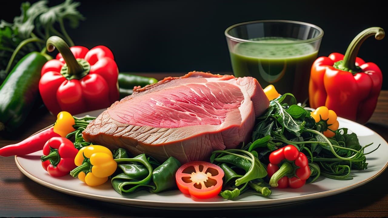  a close up of a plate featuring raw meat, contrasting with vibrant, fresh vegetables like leafy greens and colorful peppers, surrounded by a dark kitchen setting, evoking a sense of caution and unease. hyperrealistic, full body, detailed clothing, highly detailed, cinematic lighting, stunningly beautiful, intricate, sharp focus, f/1. 8, 85mm, (centered image composition), (professionally color graded), ((bright soft diffused light)), volumetric fog, trending on instagram, trending on tumblr, HDR 4K, 8K