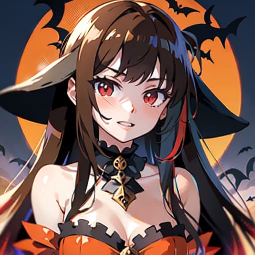  master piece , best quality,halloween brown hair, red eyes, long hair, witch