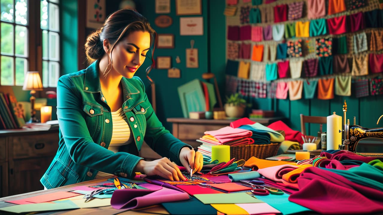  a vibrant workshop scene featuring colorful fabrics, sewing supplies, and upcycled clothing pieces. a person is joyfully sewing a patchwork jacket, surrounded by scissors, thread, and a mood board of design ideas. hyperrealistic, full body, detailed clothing, highly detailed, cinematic lighting, stunningly beautiful, intricate, sharp focus, f/1. 8, 85mm, (centered image composition), (professionally color graded), ((bright soft diffused light)), volumetric fog, trending on instagram, trending on tumblr, HDR 4K, 8K