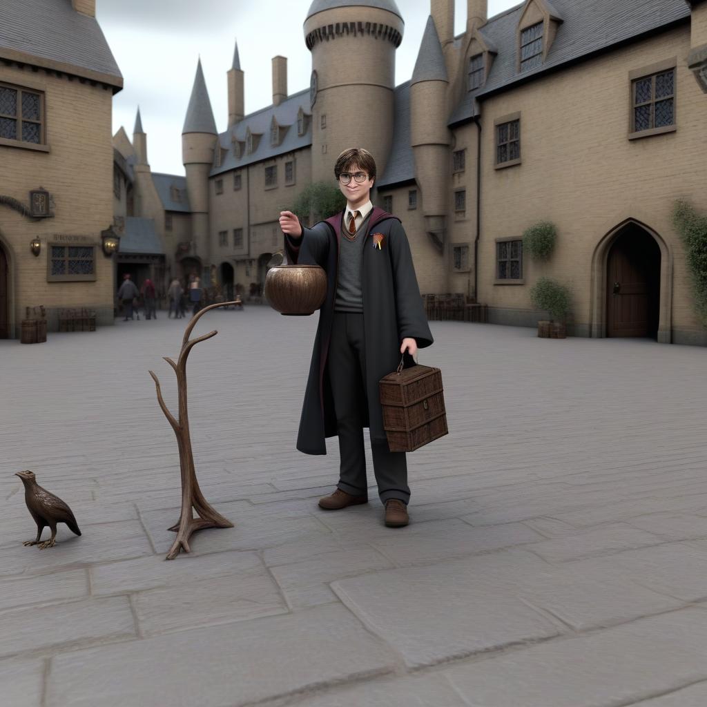  put my this person in a harry potter style wizarding scene. keep thé things he has in his hands intact but you can add details., high quality, high details, hd, perfect composition, 4k epic detailed, highly detailed, sharp focus, high resolution