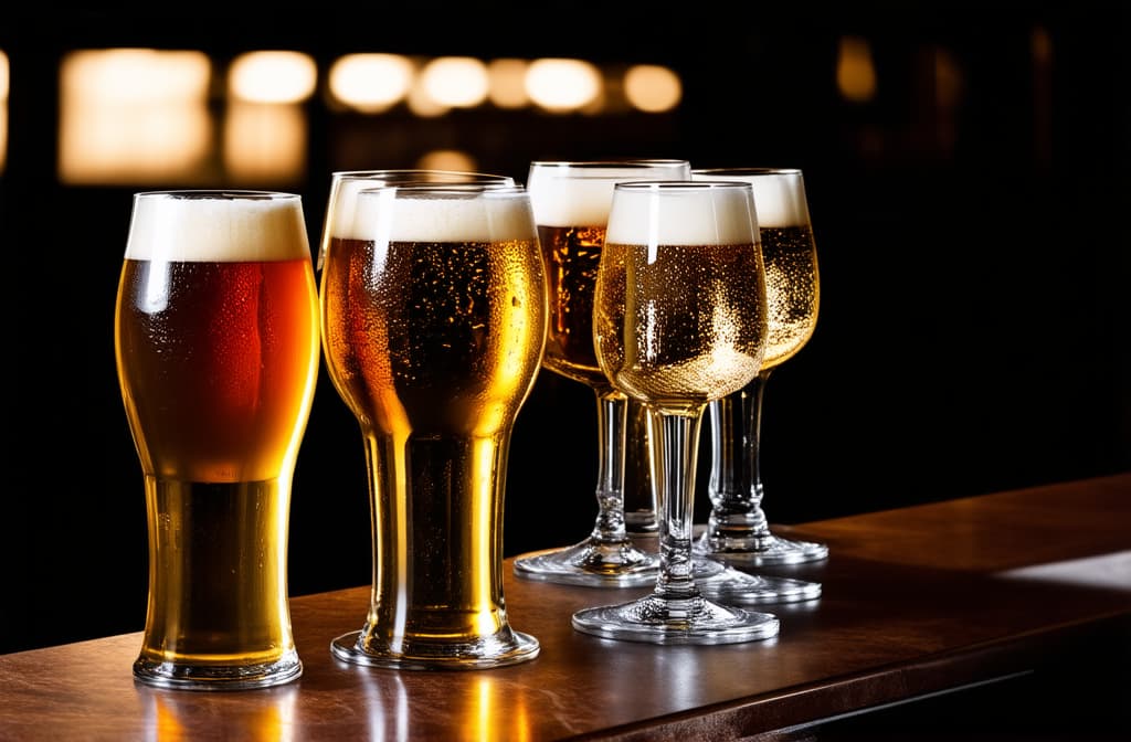  professional detailed photography, set of empty beer glasses stand on bar counter on dark background ar 3:2, (muted colors, dim colors, soothing tones), (vsco:0.3)