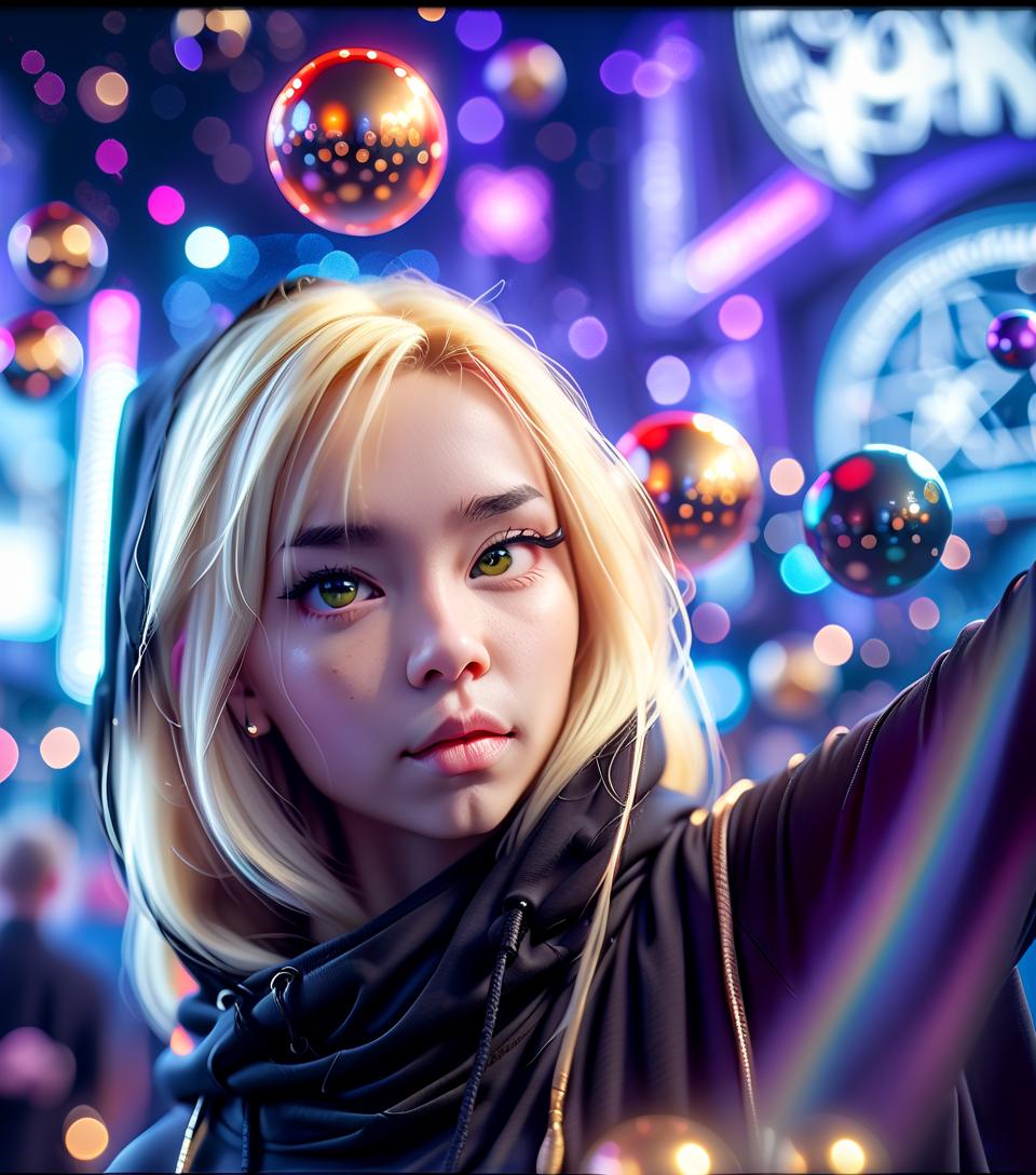  cinematic photo the girl is blonde, in a black top and hood, a large bust, against the background of magic balls. . 35mm photograph, film, bokeh, professional, 4k, highly detailed, perfecteyes, hkmagic, glowneon