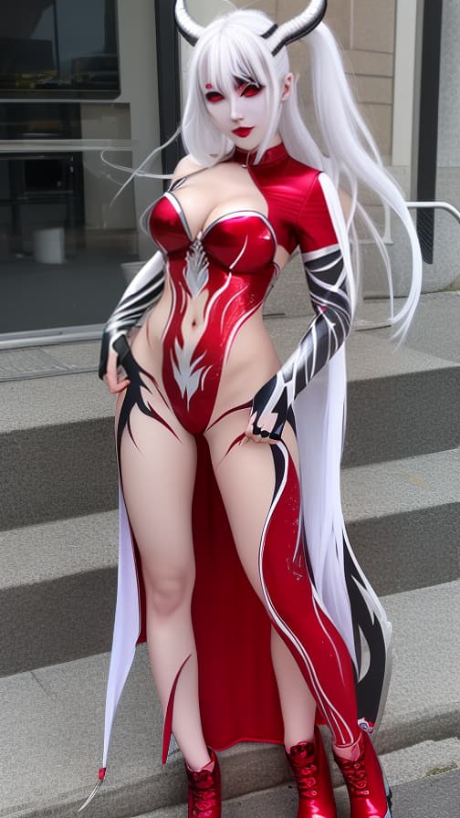  Full body red and silver flame pattern body paint,silver body paint on the whole body,White face paint on the face,succubus 女性