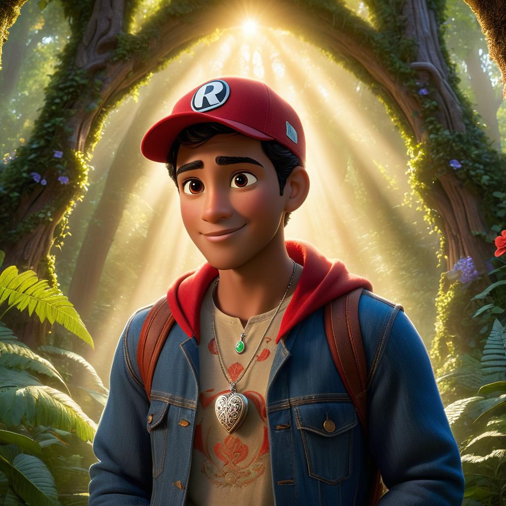  in 3d animated movie style. disney pixar style. ahmad, , a creative, curious, and kind hearted in casual jeans, t shirt, and a small red cap. high resolution pixar 3d animated film style with detailed rendering capturing the magical moment of discovery. soft, warm lighting creating a sense of awe and wonder, with the glowing with a dazzling light. close up shot focusing on ahmad's awestruck face as he opens the , framing the scene to highlight the silver locket with intertwined initials 'r' and 'a'. mystical forest clearing with sunlight filtering through the canopy, highlighting a hidden ornate adorned with intricate carvings.