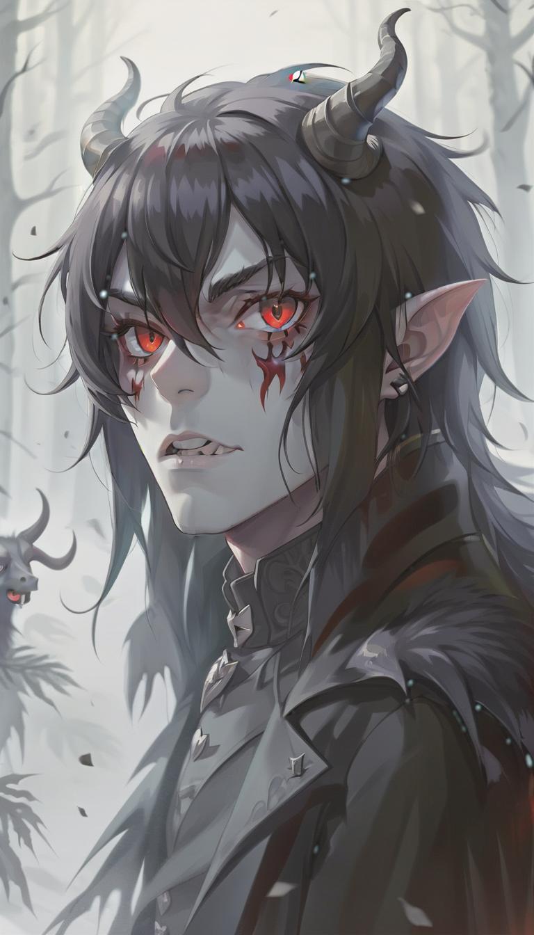  man demon, white skin. red eyes, black hair, red horns, black fur coat, dense forest in the background, sticker