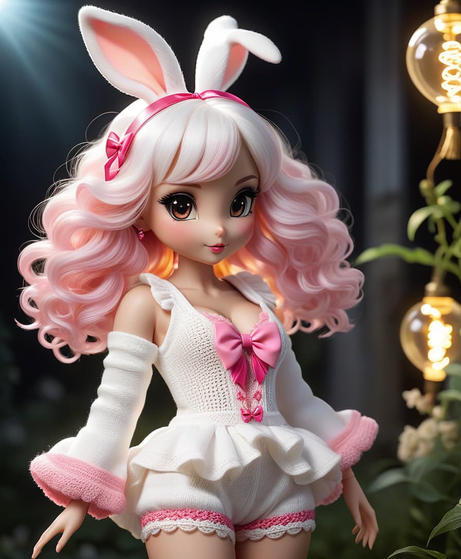  a very cute white and pink fluffy bunny, cute cute, with long floppy and fluffy ears, with a fashionable elegant crochet headband with a bow, and decorations, standing on two legs, in a crocheted white and pink jumpsuit with ruffles, tulle ruffles, with draperies, with ruffled tulle, with a bow, a peplum, very detailed, dressed in beautiful crocheted shoes with a bow, flying fireflies and neon hearts, glare of light, radiance, fabulously beautiful, tenderness, love, aesthetics, professional photo, realism, high resolution, high detail , iso 100, f/2.8, 4k, 1/250 s, 30mm lens, bright light hyperrealistic, full body, detailed clothing, highly detailed, cinematic lighting, stunningly beautiful, intricate, sharp focus, f/1. 8, 85mm, (centered image composition), (professionally color graded), ((bright soft diffused light)), volumetric fog, trending on instagram, trending on tumblr, HDR 4K, 8K