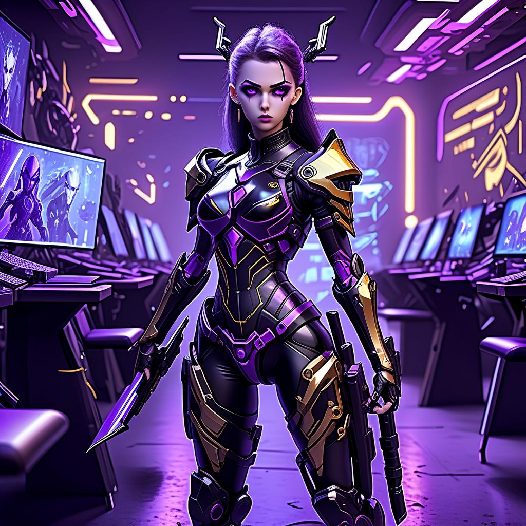  figured slender girl archer of the future, in fashionable elite black cool armor, in cyber implants, fully armed with a combat arsenal, stands in an attacking pose, european appearance light skin, (eye color dark purple with golden streaks:1/3) 3d,hdt, ultra hd,hdr+,4k resolution, maximalism, realism, miltech agent, biomechanism, cyborgization, art, fantasy, both work tables, detailing, cyberpunk style, in the background of the future, hkmagic