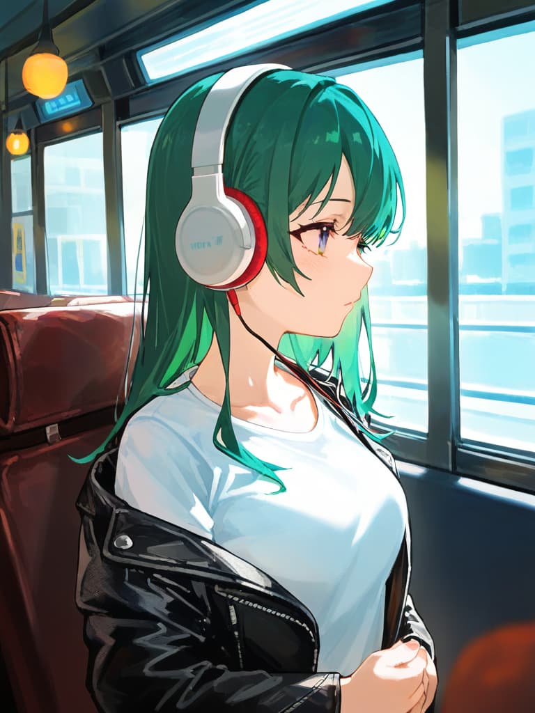  (cool beautiful girl:1.5)(green hair color:1.5)(long hair:1.5)(headphone🎧:1.7)(in white t shirt and leather jacket:2.0)(in train:1.2)(upper body only)masterpiece,high quality,16k,super analysis