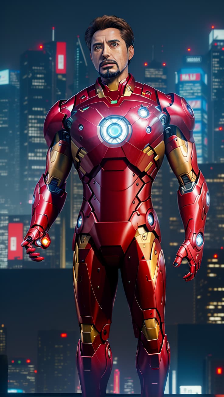  masterpiece, best quality, best quality, masterpiece, 8k resolution, realistic, highly detailed, close up of iron man. in a cyberpunk style night scene of the city, he stands on a street lined with tall buildings. the city's night lights are bright, the surrounding buildings and streets are filled with cyberpunk elements such as neon lights, high tech devices, and futuristic architectural designs.