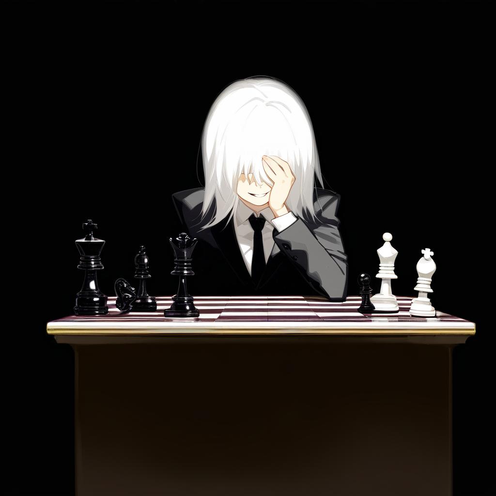  long white hair anime woman with shadows completely concealing face with the exception of evil empty white teeth smile on her face and only a hardly visible singular yellow eye, leaning on one hand with arrogance,jet black suit, black tie, sitting in front of a table with a chess set on it, no visible facial features due to blackness covering face full of shadows on face . best quality, high resolution