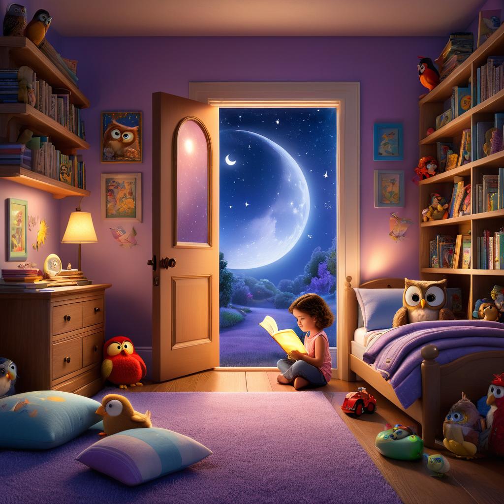  in 3d animated movie style. disney pixar style. lila, 5, surrounded by toys, reads a bedtime story to them, meeting ollie, a talking owl, looking for his lost moonbeam. cozy bedroom, bookshelf with magical glowing door to starry world. high res pixar 3d style, detailed rendering, soft glowing lights, warm atmosphere, night sky visible through the door. bird's eye view of lila reading to toys, focusing on the magical door and ollie's arrival.