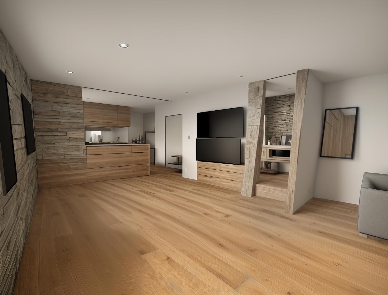  generate a photorealistic rendering of a modern living room with a combination of wooden floors and a stone accent wall. include sleek, contemporary furniture to contrast with the natural materials, creating a sophisticated yet comfortable atmosphere.