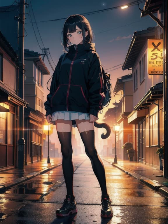  master piece, best quality, ultra detailed, highres, 4k.8k, young woman, standing in silence, serene, break beauty of dusk, twilight street, street lamp, cat, break calm and mysterious, glow of dusk, dim light, mecha musume