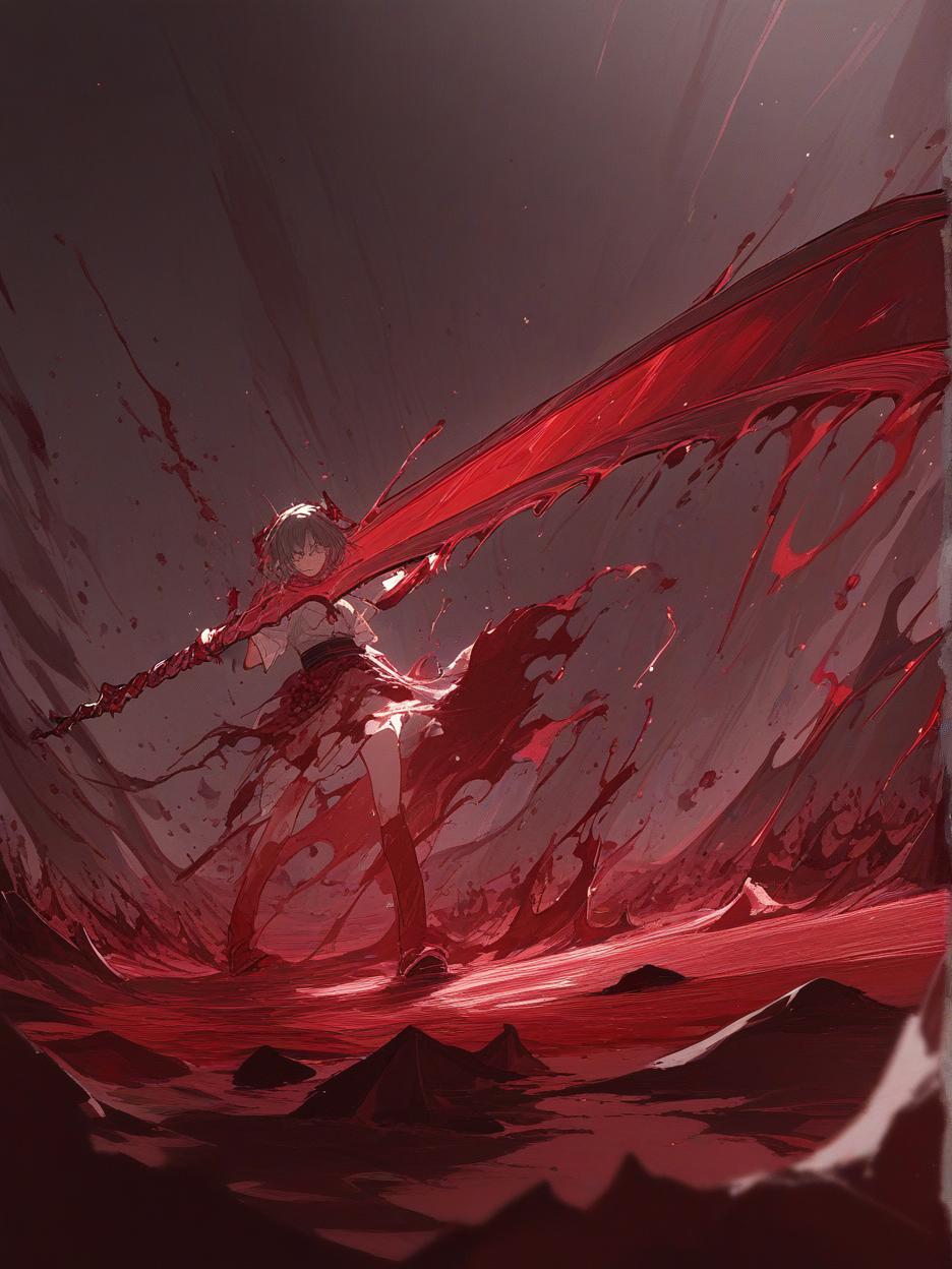  create for me an image of a giant blood sword, it is stuck in the ground with blood swirling around it. the red sand floor being pushed by the swirling force of blood and crystals in the background, with clear skies. . best quality, high resolution