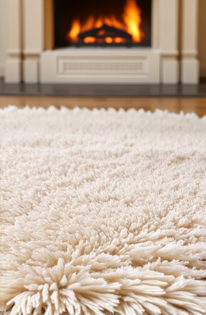  close up, white fluffy carpet lies on the floor, in the background a blurred fireplace, a bright room, an atmosphere of home comfort and warmth ar 2:3 {prompt}, maximum details