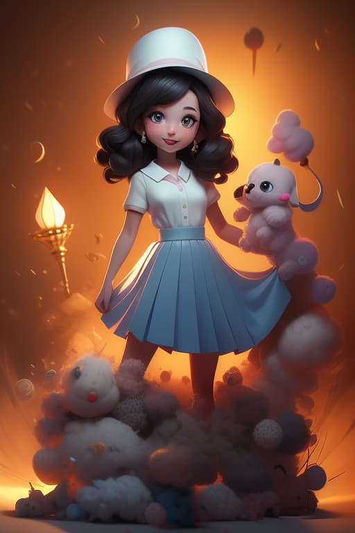  an art toy from pop mart, poodle play with cloud , ((mathayom uniform)),black pleated skirt,white shirt short sleeves,the photograph has a cinematic quality to it, with dramatic lighting that emphasizes the beauty of the model advertising photo,high quality, good proportion, masterpiece , the image is captured with an 8k camera