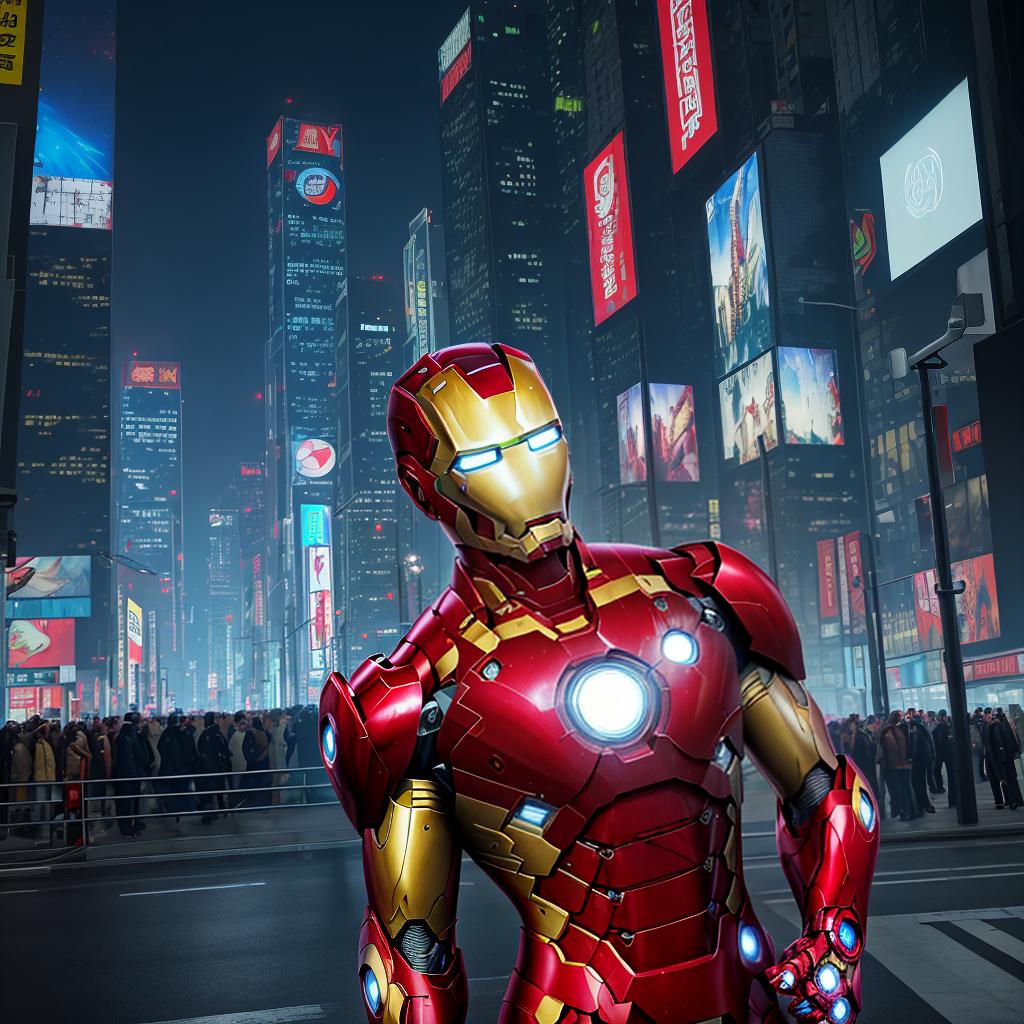  masterpiece, best quality, Best quality, masterpiece, 8k resolution, realistic, highly detailed, close up of Iron Man. In a cyberpunk-style night scene of the city, he stands on a street lined with tall buildings. The city's night lights are bright, The surrounding buildings and streets are filled with cyberpunk elements such as neon lights, high-tech devices, and futuristic architectural designs.