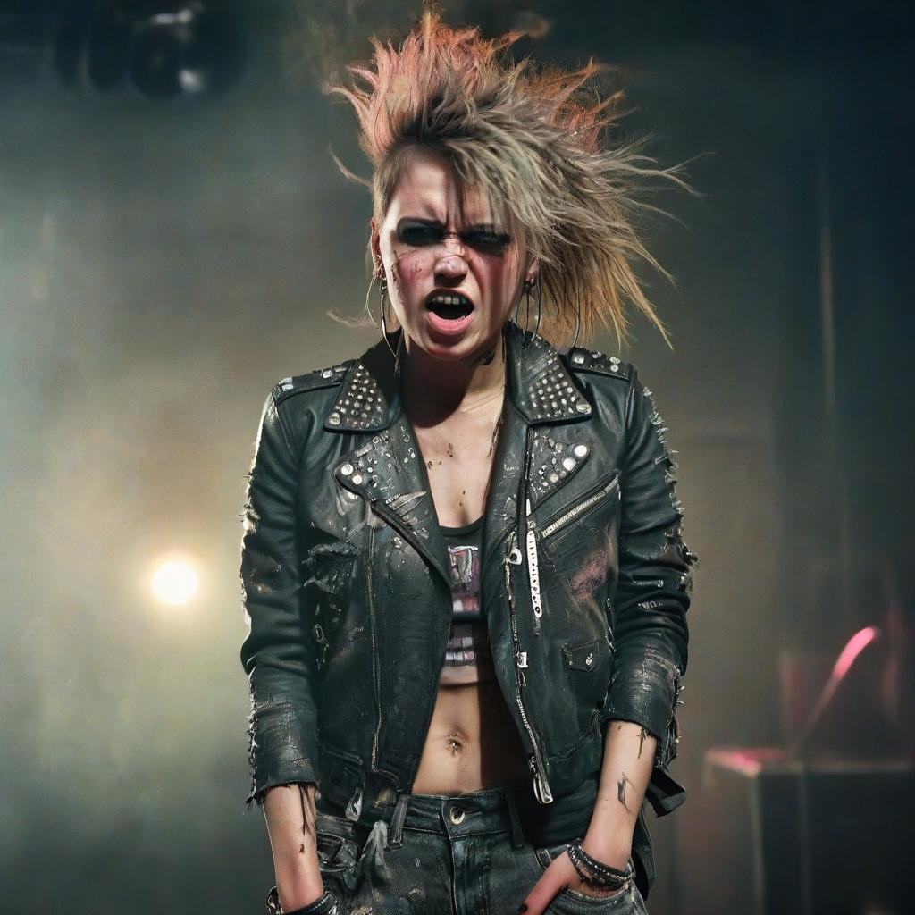  cinematic photo a punk rocker girl on stage, dressed in a torn leather jacket with studs, ripped jeans, and high top sneakers with bright laces. her face is pale, with sharp features and defined cheekbones, reflecting her inner strength and determination. her eyes are boldly outlined with black eyeliner, with deep dark shadows adding drama. her lips are covered in rich dark lipstick, with a slightly smudged outline that adds a touch of carelessness. her hair is brightly colored, disheveled, and styled in a chaotic yet purposeful mess. she stands on stage, emotionally screaming, expressing rebellion and passion. smoke swirls around her, and the lighting creates dramatic shadows, emphasizing her energetic and defiant presence. no extraneous .