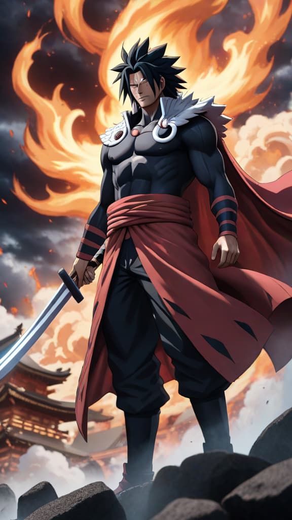  madara uchiha from naruto in perfect susanoo form facing whitebeard from one piece amidst earthquakes anime art hyperrealistic, full body, detailed clothing, highly detailed, cinematic lighting, stunningly beautiful, intricate, sharp focus, f/1. 8, 85mm, (centered image composition), (professionally color graded), ((bright soft diffused light)), volumetric fog, trending on instagram, trending on tumblr, HDR 4K, 8K