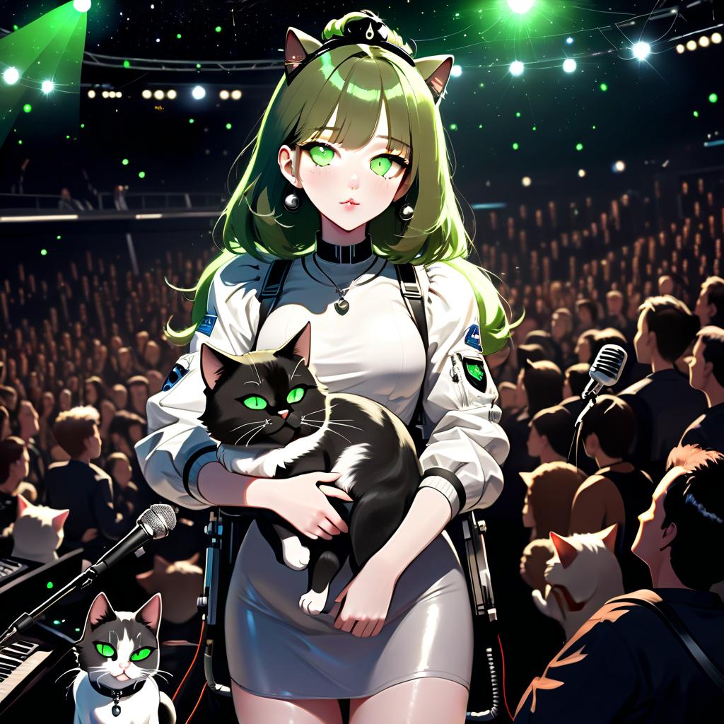  girl with dark green eyes, two cats, space, spotlights, view from the stage, microphone, music, royal grace