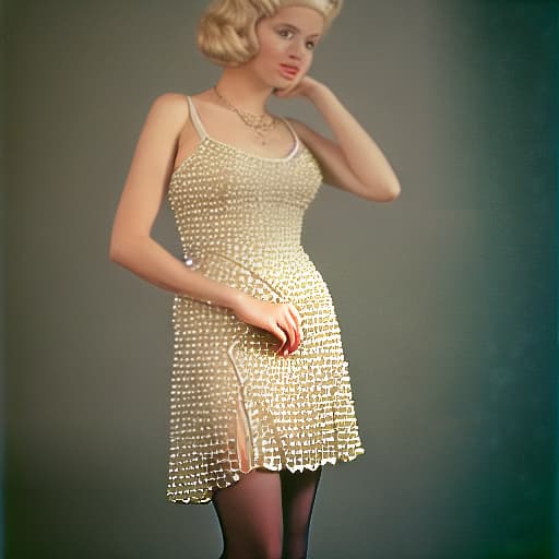  A beautiful blonde woman, very detailed, photorealistic, wearing a chiffon dress, wearing a single strand of pearls, 8K, UD, 200mm Hasselblad, Kodachrome, high heels, stockings