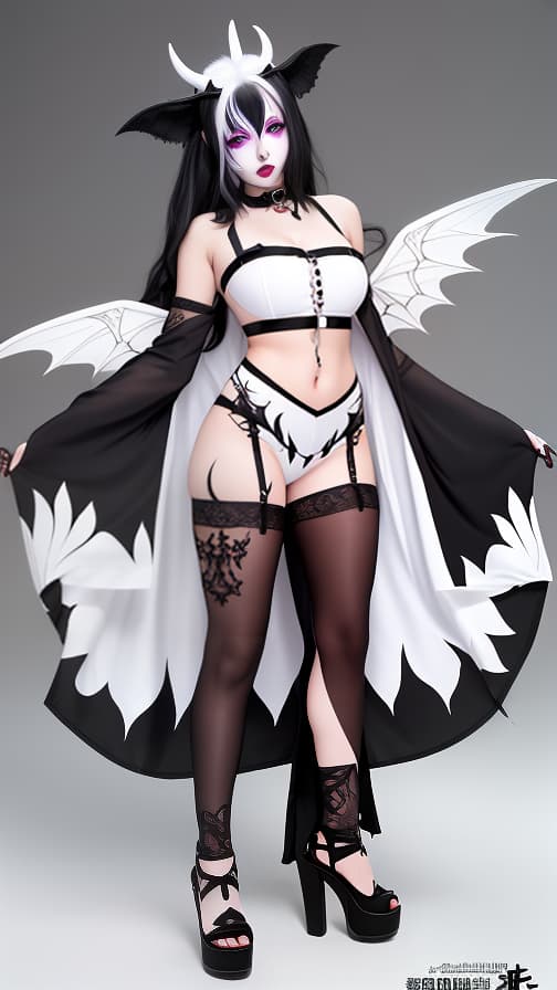  Full body White and Blark Harrykin check pattern, full body white body paint, White face paint on the face, succubus, full body image 女性