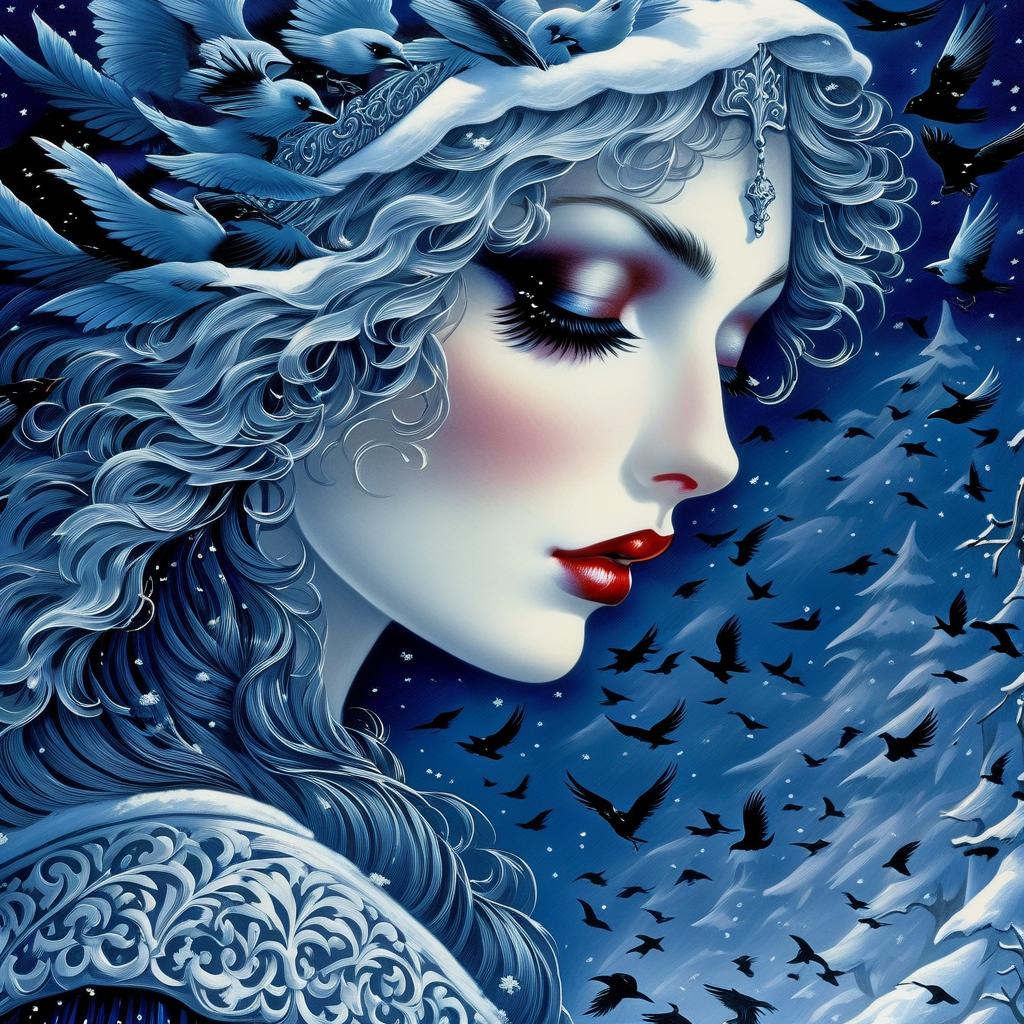  gothic style ((i am the dream of the sword, the parting flame, the food of crows. and you shall dance with me henceforth, the king's youngest son)). (winter sun). incredibly beautiful, ((blue white, as if moulded from snow)) . (her scarlet lips quivered, her coal lashes fluttered) , her fingers reached for (a string of pearl beads) . (style):fantasy, fairy tale, scottish legends, high quality, close up, (icy, wind, blizzard) . dark, mysterious, haunting, dramatic, ornate, detailed