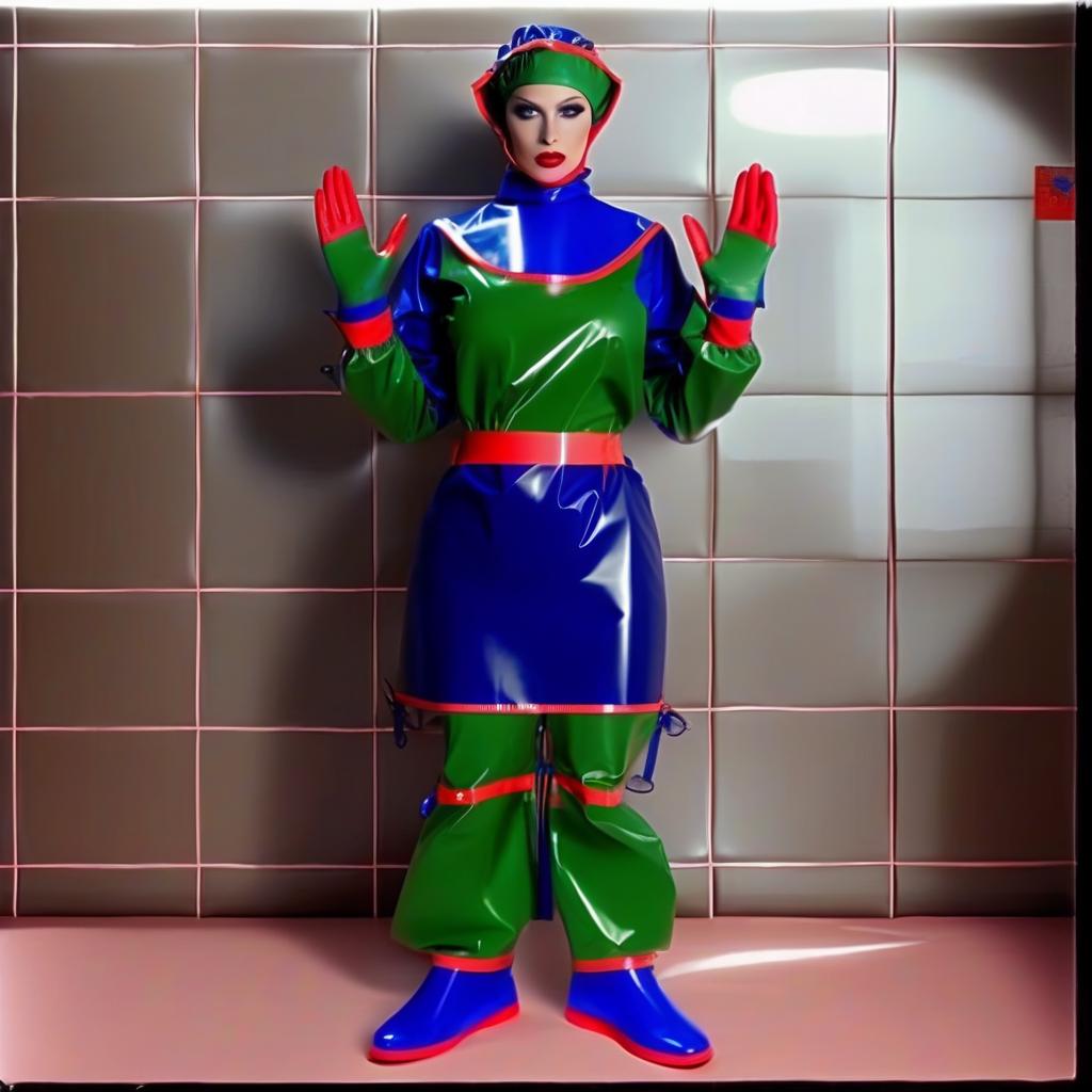  "hyperdetalisation, woman, mistress surgeon, in dressed three color surgical suit, made of glossy latex, standing alone, full length, front view, full face, dressed in, surgical gown, knee length, with elastic waistband, long sleeves, with elastic cuffs, upper part of surgical gown, (from collar to waist), glossy latex dark green, belt at waist, glossy latex red, lower part of surgical gown, (from hem to waist), glossy latex dark blue, in the center of the surgical gown there is an emblem in the form of surgical forceps "burdizzo", upper part of sleeve, (from shoulder to elbow), glossy latex dark blue, lower part of sleeve, (from elbow to cuff), glossy latex dark green, cuffs on sleeve, glossy latex red, (bib with collar), made of glossy d