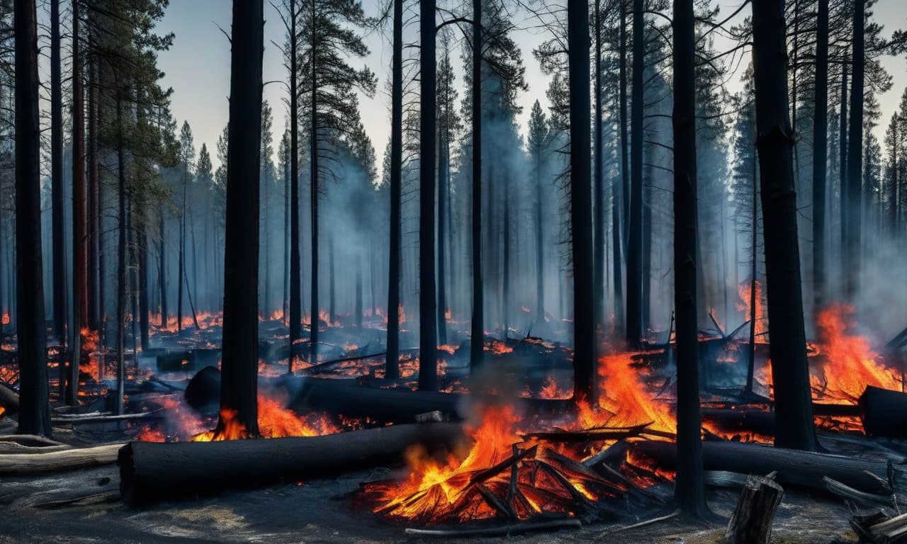  hdr photo of create a picture of the burnt forest in the bags, with trees, conquered fires. may the sky be painted in warm flames, including bright orange, red and yellow colours. add details such as barely visible trees and light smoke to create a climate of drama and mysteriousness. . high dynamic range, vivid, rich details, clear shadows and highlights, realistic, intense, enhanced contrast, highly detailed hyperrealistic, full body, detailed clothing, highly detailed, cinematic lighting, stunningly beautiful, intricate, sharp focus, f/1. 8, 85mm, (centered image composition), (professionally color graded), ((bright soft diffused light)), volumetric fog, trending on instagram, trending on tumblr, HDR 4K, 8K