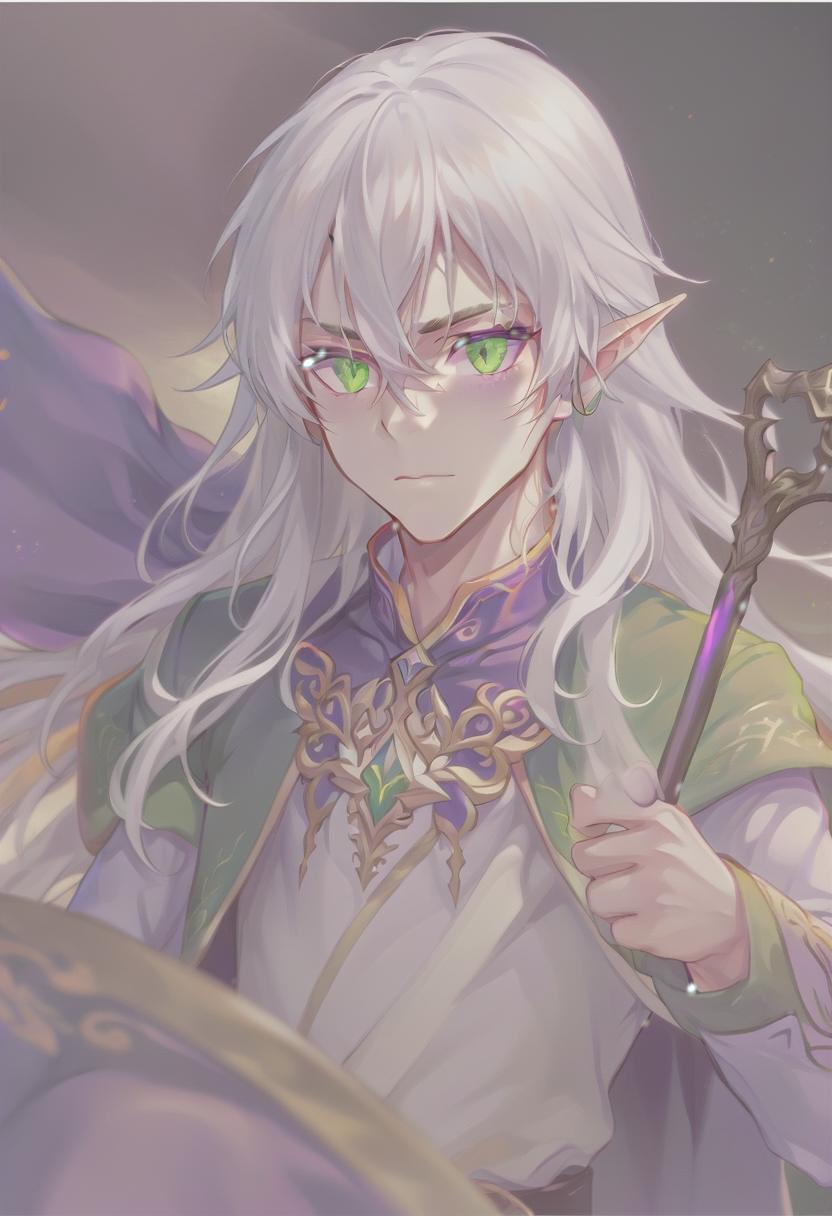  anime artwork man, elf, long white hair, green eyes, purple clothes . anime style, key visual, vibrant, studio anime, highly detailed, sticker