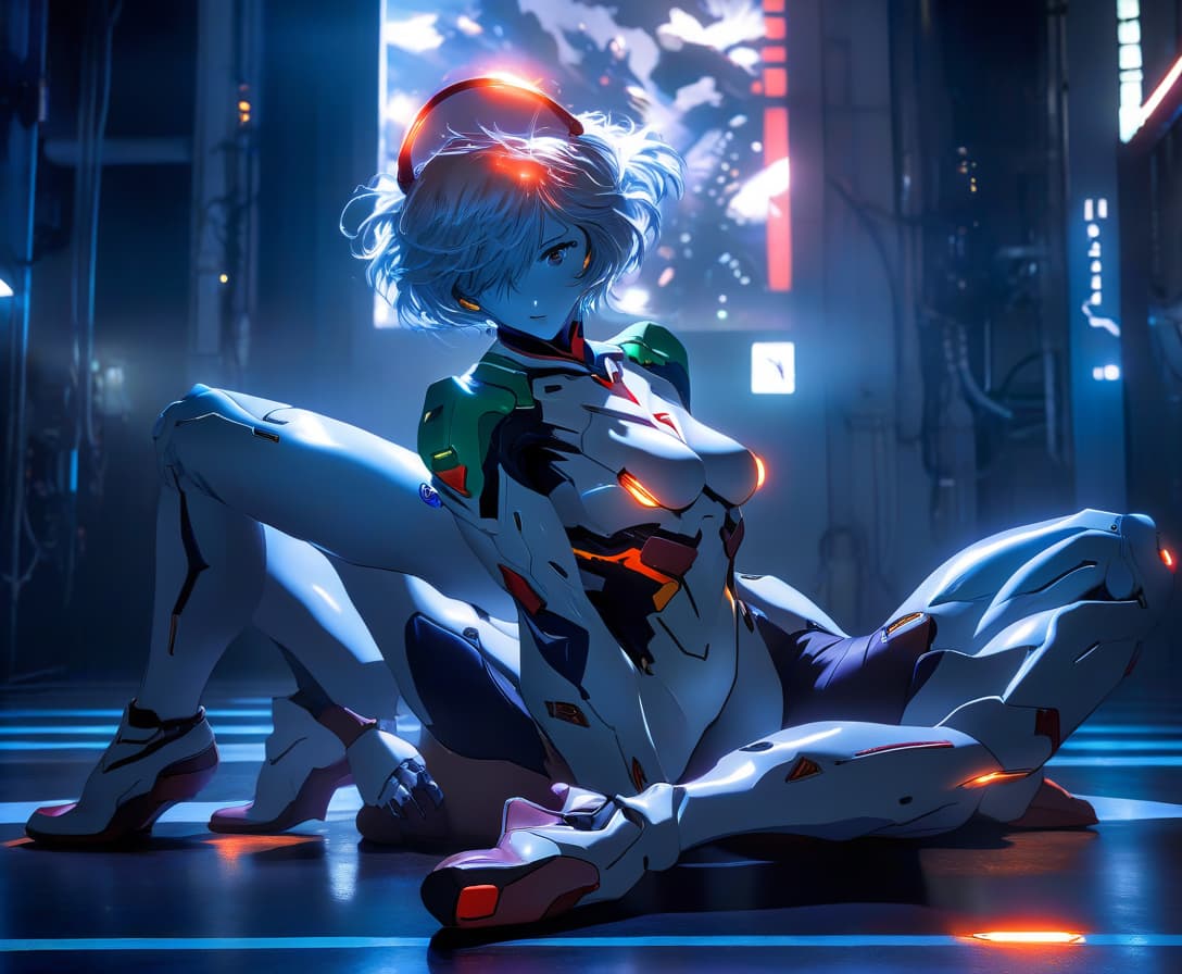  cinematic photo anime girl sitting on the floor with her legs up in the air and her, rei ayanami, neon genesis evangelion fanart, rogue anime girl ayanami rei, neon genesis evangelion style, ( evangelion ), beautiful asuka from evangelion, trending on artstation pixiv, evangelion, nixeu, pixiv 3dcg, evangelion anime poster, top rated on pixiv, evangelion anime, at pixiv, neon genesis evangelion, popular on pixiv, sci fi concept art :: nixri, ayanami, featured on pixiv,looking at the viewer, reclining position, hyperrealism . 35mm photograph, film, bokeh, professional, 4k, highly detailed, film photography style hyperrealistic, full body, detailed clothing, highly detailed, cinematic lighting, stunningly beautiful, intricate, sharp focus, f/1. 8, 85mm, (centered image composition), (professionally color graded), ((bright soft diffused light)), volumetric fog, trending on instagram, trending on tumblr, HDR 4K, 8K