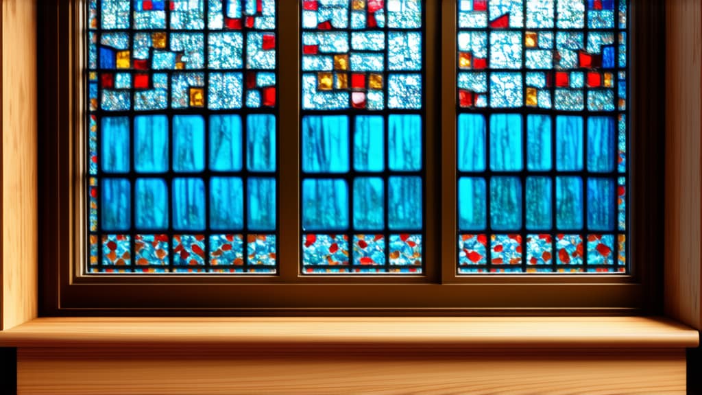  empty wooden windowsill against a blurred stained glass mosaic window, ar 16:9 {prompt}, maximum details