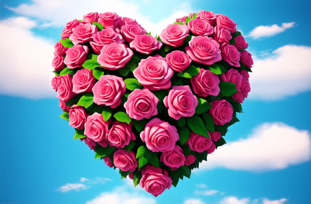  epic realistic, hyperdetailed, (cycles render:1.3), caustics, (glossy:0.58), (artstation:0.82),three dimensional photography ((((huge heart of pink roses))))) soaring in the clouds ar 3:2