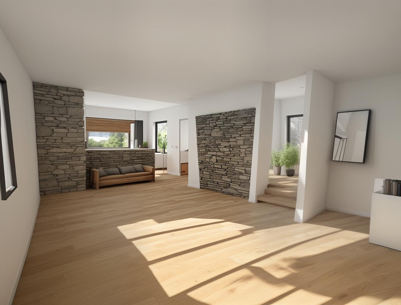  produce a photorealistic rendering of a modern interior with a stone wall as a focal point, complemented by wooden flooring and large windows. add a sleek, modern sofa and minimalist furniture that reflects a contemporary style, creating a space that feels both rustic and sophisticated.