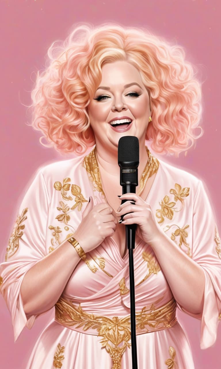  concept art pink, gold, black, white onstage bald melissa mccarthy with a microphone . digital artwork, illustrative, painterly, matte painting, highly detailed, perfect hands