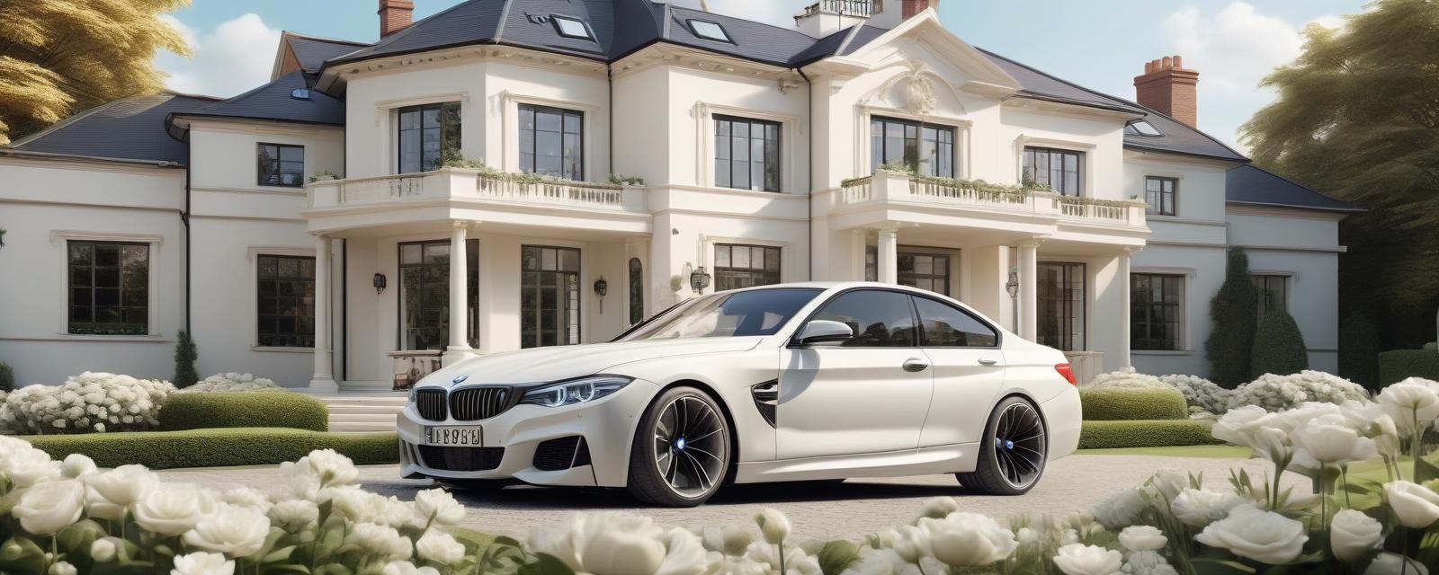  classic white luxury mansion, large black metal framed windows, beautiful front garden with white flowers, bright clear sky, luxury car bmw, elegant and timeless architecture, highly detailed, very sharp and realistic