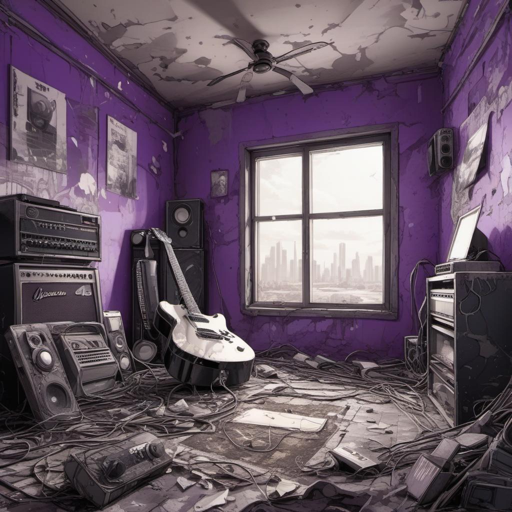  chambre abandonnée en ruine avec une guitare électrique et amplificateur violet , comic style, manga and manhwa style, painting style