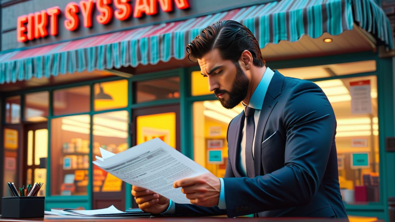  a split scene depicting a bustling franchise storefront on one side and a thoughtful individual reviewing legal documents on the other. include franchise logos, a balance scale, and key symbols of ownership. hyperrealistic, full body, detailed clothing, highly detailed, cinematic lighting, stunningly beautiful, intricate, sharp focus, f/1. 8, 85mm, (centered image composition), (professionally color graded), ((bright soft diffused light)), volumetric fog, trending on instagram, trending on tumblr, HDR 4K, 8K