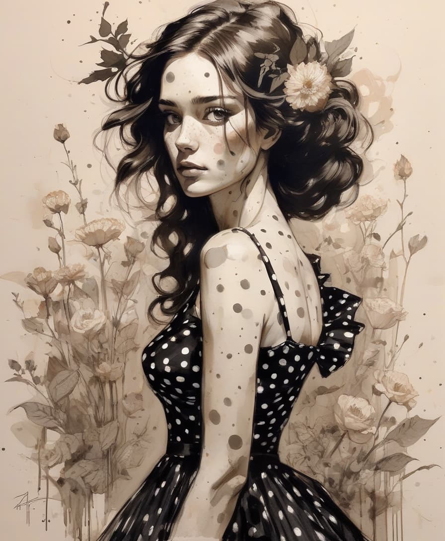  drawing beautiful woman , dramatic light, with a black polka dot dress, flowers, stunning, realistic, by abigail larson, carne griffiths.