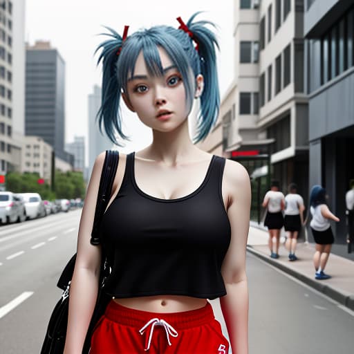  girl, blue hair gathered in two ponytails, large eyes, no clothes, a huge bust, red very short fitting shorts, black sneakers, against the background of the city on the street.