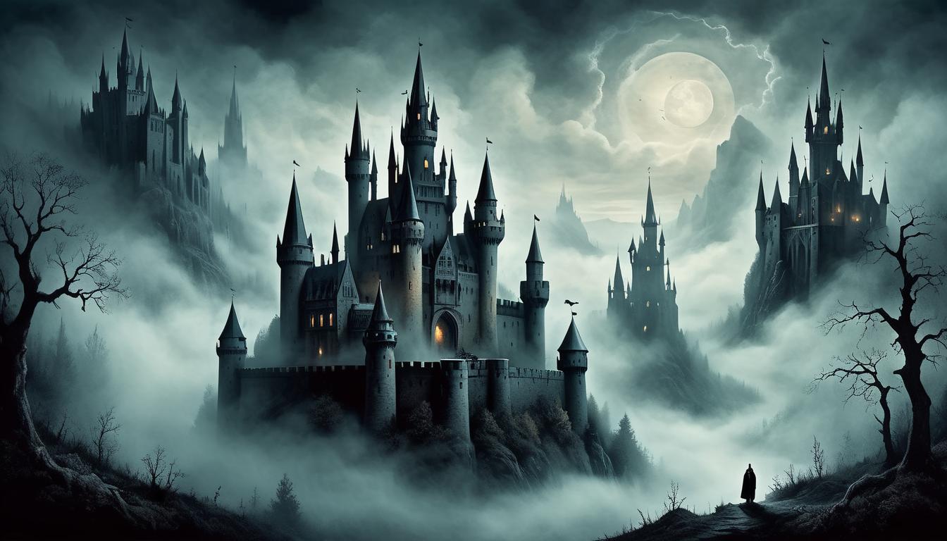  on parchment, surrealism+++, gothic castles shrouded in mist, towering spires reaching skyward, mist swirling around the base, dark, enigmatic(mysterious, provocative, symbolic,muted color)+++