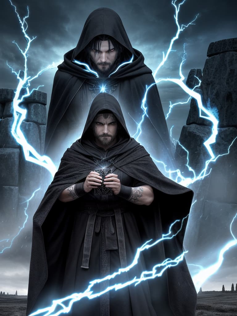  Pagan warlock, facing viewer, wearing a hooded cloak, his face hardened, eyes cold, a scar runs down the left side of his face; standing at an alter, conjuring a fire elemental from within Stonehenge during a thunder and lightning storm