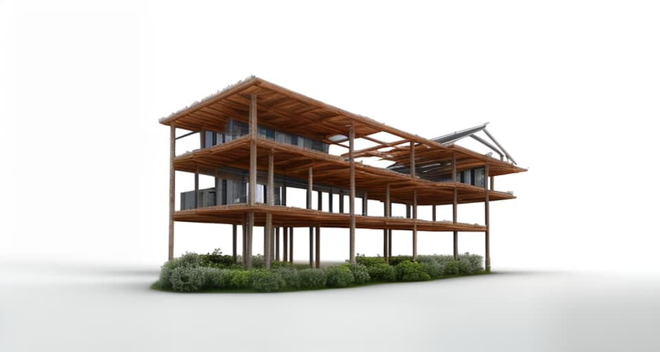 mdjrny-v4 style architectural, high quality, exterior perspective, 3 story mixed wood and steel structure, organic appearance