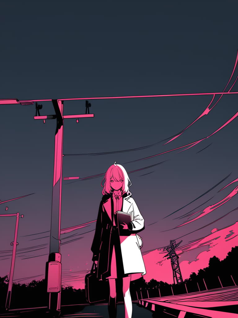  a girl standing on a train platform reading a book,an anime drawing,conceptual art,iphone background,((pink)),high contrast illustration,heavy winter aesthetics,studio gainax illustration,holding a book,anime style”