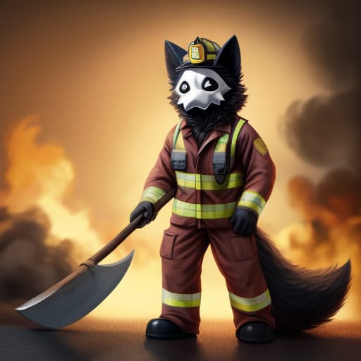  Puro, Firefighter uniform, Firefighter helmet, fluffy, mega fluffy tail, big tail, fluffy body, brown fur, holding a firefighter axe, open eyes, digital art, masterpiece, 4k, fine details,