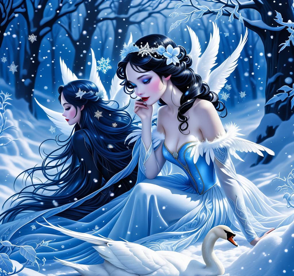  dreamscape thy name is (kiss the snow1,2) . ((key, (ice, blue1,6 sip)) ((blue eyed)) i've been jinxed ((snow singer1,8) . ((snow swan)) ((the snow swan)) feathers at my feet.( feathers flutter and slowly sink into the snow). (snow white swan): the head and body are creamy white with a silvery tint. wings of white blue colour from snowflakes (roses): light blue colour with leaves from ice crystals. background:soft blue with delicate patterns of falling snow and curls of blizzards, ice patterns on water.(style):fantasy, romantic art, silver age poetry, 19th century, dedication. . surreal, ethereal, dreamy, mysterious, fantasy, highly detailed, civitai, hkmagic