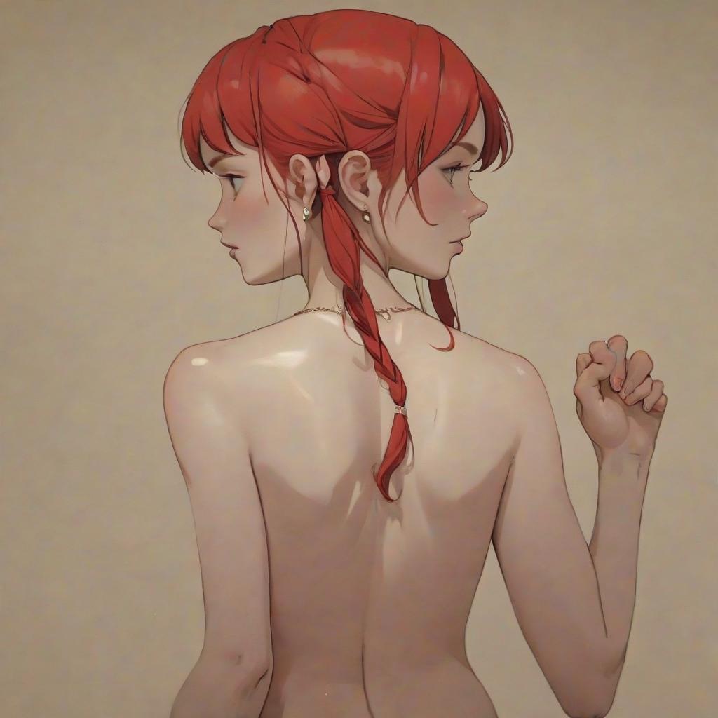   with red hair on her shoulders with gles. stands with her back. looks at me sideways. we hold hands. hands in the frame