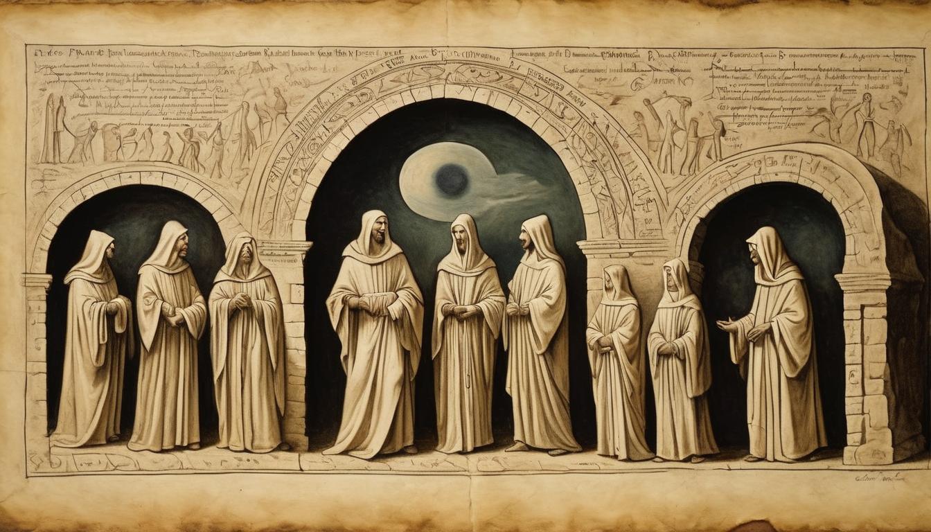  on parchment, surrealism++, gathering of robed figures, illuminated by soft light, ancient archway background, unity, divine growth, support(mysterious, provocative, symbolic)++