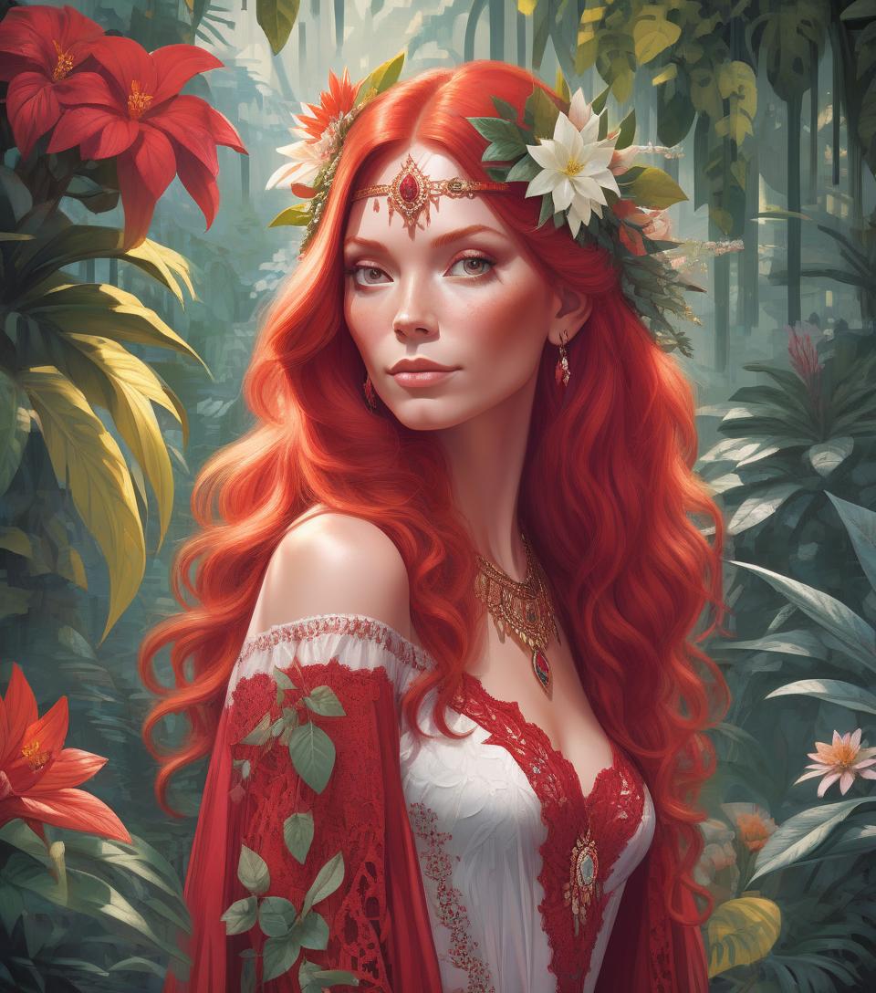  portrait of beautiful red haired bohemian queen wearing red colour lace surrounded by jungle plants and flowers art by mike mayhew and mark brooks and ross tran 8k resolution